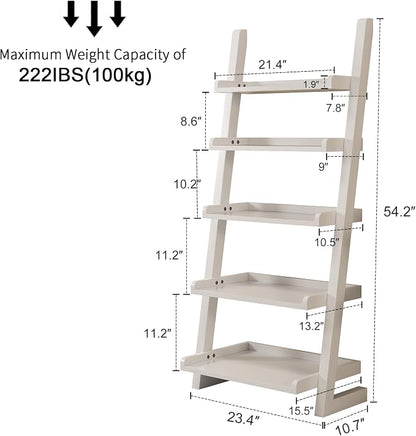 AQIMUELE White Wooden Ladder Shelf with Edges, 5-Tier Modern Leaning Bookshelf Ladder – Stylish Space-Saving Bookcase for Living Room, Bedroom & Home Office