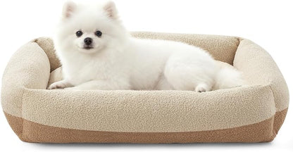 FURTIME Washable Small Dog Bed, Rectangle Comfy Fluffy Kitten Puppy Bed, Removable Zipper Cover Machine Wash, Breathable Orthopedic Bed Durable Pet Cuddler with Anti-Slip Bottom, 20x19x6 in, Beige