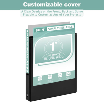 SUIN Basic 1-Inch 3-Ring-Binder, Customizable Clear View Cover, for US Letter Size 8-1/2 x 11'', Perfect for Office/School (Black - 24 Packs)