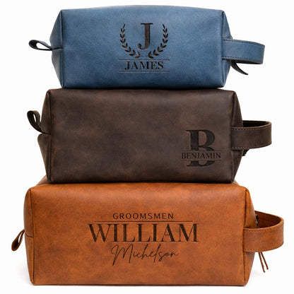 GiftShopie Personalized Handmade Genuine Leather Toiletry Bag | Custom Engraved Shaving Dopp Kit with Name, Initial | Travel Pouch for Men, Him, Husband, Dad, Boyfriend | Gift Idea for Groomsmen