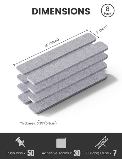 Fluxynara Cork Board Alternative Felt Strip Board 8-Pack 13"x2", Office Pin Board with 50 Push Pins, Adhesive Install for Bedroom Door & Home Office (Soft Gray)
