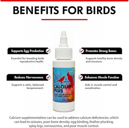 Morning Bird Calcium Plus Liquid for Birds – Calcium Supplement with Vitamins and Minerals for Strong Eggshells, Healthy Bones - Support Growth, Breeding, and Wellness for All Birds 2 Fl Oz