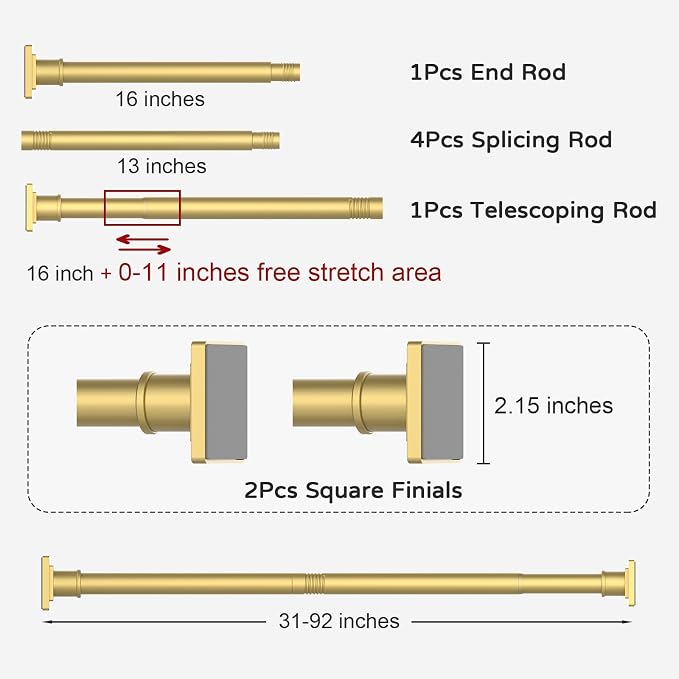 UIOSANRT Tension Shower Curtain Rod 31-92 Inches Non-Slip Shower Rod Tension Mounted No Drill Gold Shower Curtain Rods Spring Tension Rod for Windows Bathroom