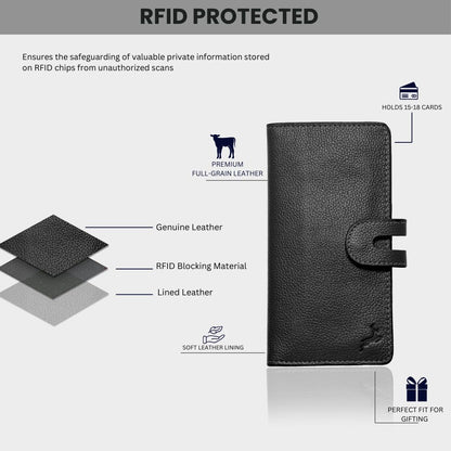 DEERHANDMADE womens wallet (Holds 15-18 Cards, 4 Flat Pockets, 1 ID Windows) Genuine Leather clutch purses for women | Slim long wallets for women | rfid blocking wallet (black wallet)