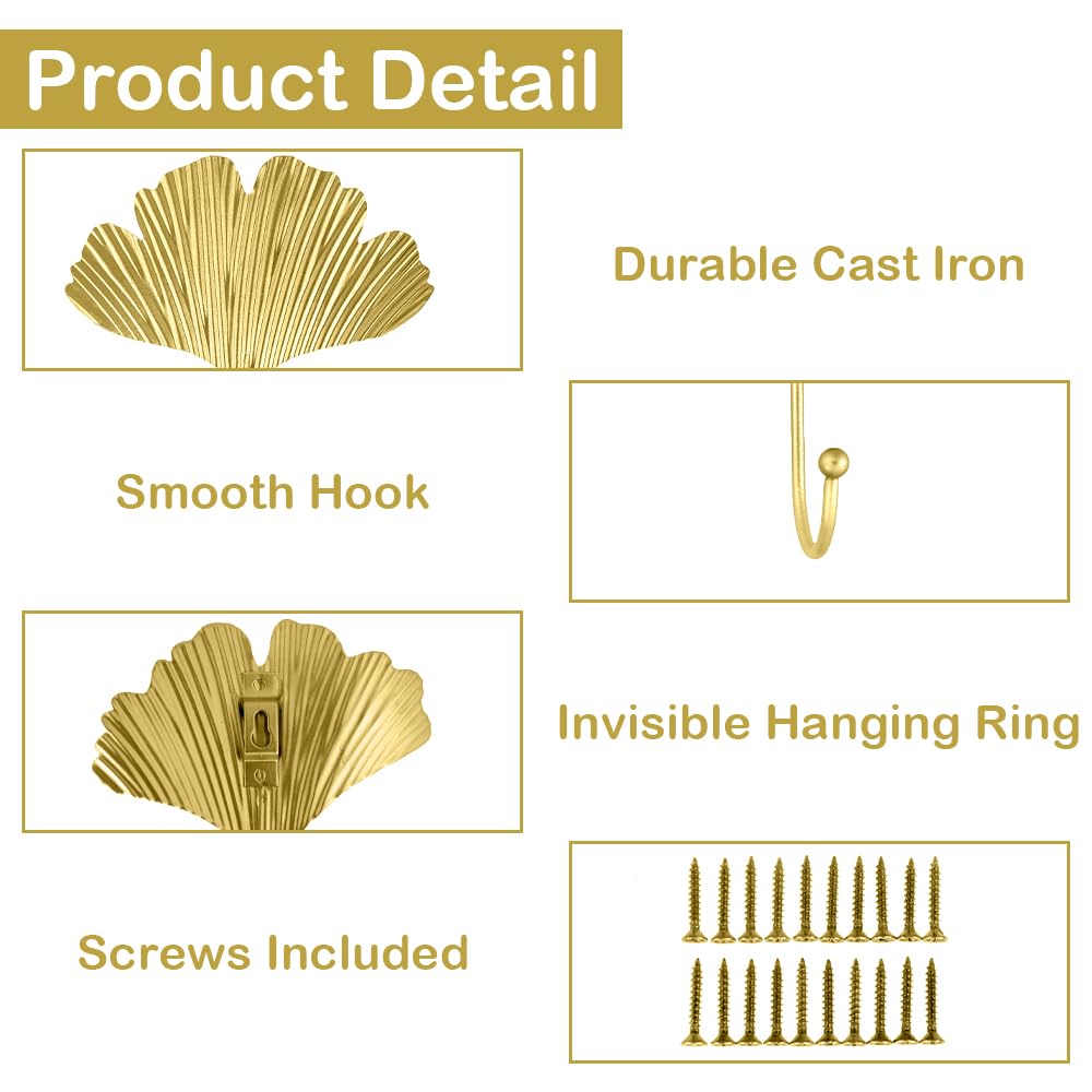 IUMLXJO 7pcs Leaves Wall Hooks for Hanging Heavy Duty, Gold Iron Decorative Hooks for Coat Towel Hat Wall Mount Hangers Racks for Bathroom, Kitchen, Door, Wardrobe, Farmhouse (Include Screws)