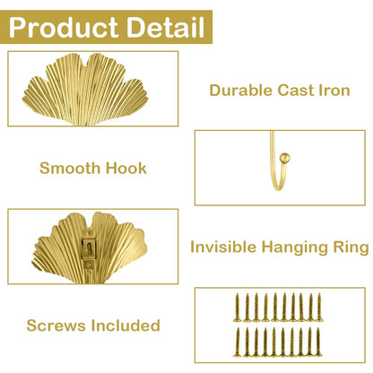 IUMLXJO 7pcs Leaves Wall Hooks for Hanging Heavy Duty, Gold Iron Decorative Hooks for Coat Towel Hat Wall Mount Hangers Racks for Bathroom, Kitchen, Door, Wardrobe, Farmhouse (Include Screws)