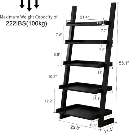 AQIMUELE Black Wooden Ladder Shelf with Edges, 5-Tier Modern Leaning Bookshelf Ladder – Stylish Space-Saving Bookcase for Living Room, Bedroom & Home Office