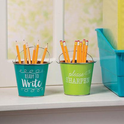 Fun Express Sharp & dull pencil holder for classroom 2 Pack Metal pail set - teacher must haves for classroom organization and storage - pencil dispenser for elementary school teacher desk accessories