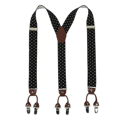 LEHOMU Suspenders for Men with leather 6 Heavy-Duty Clips, 1.4 Inches Wide Men's Suspenders Y-Back Adjustable Elastic Fit for Work or Casual Wear,Black and White Dots