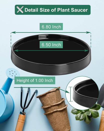 Large Ceramic Plant Saucer and Small Terracotta Pot Plant Saucer - 4 Pcs 7 Inch Black Ceramic Plant Tray and 4 pcs 8 Inch Terracotta Plant Saucer for 4,6,7 Inch Plant Pots with Drainage Hole and Gre