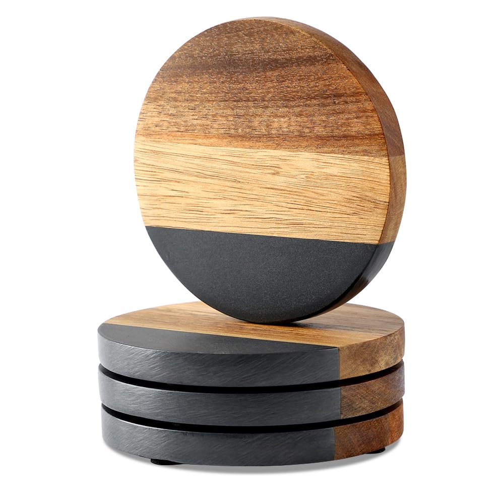 WLWNWFT Marble Acacia Wood Drinks Coasters Set of 4, Modern Rustic Wooden Coasters for Drinks Coffee Table Dining Table Desk Christmas Housewarming Home Office