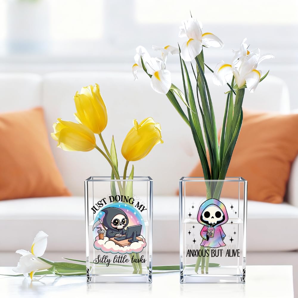 Vgrti Anxious But Alive Just Doing My Silly Little Tasks Acrylic Pen Holder Cup Set 2, Cute Pencil Holder Desk Organizer, Funny Skeleton Desk Decor, Office Sarcastic Gifts for Women Men Adult Coworker