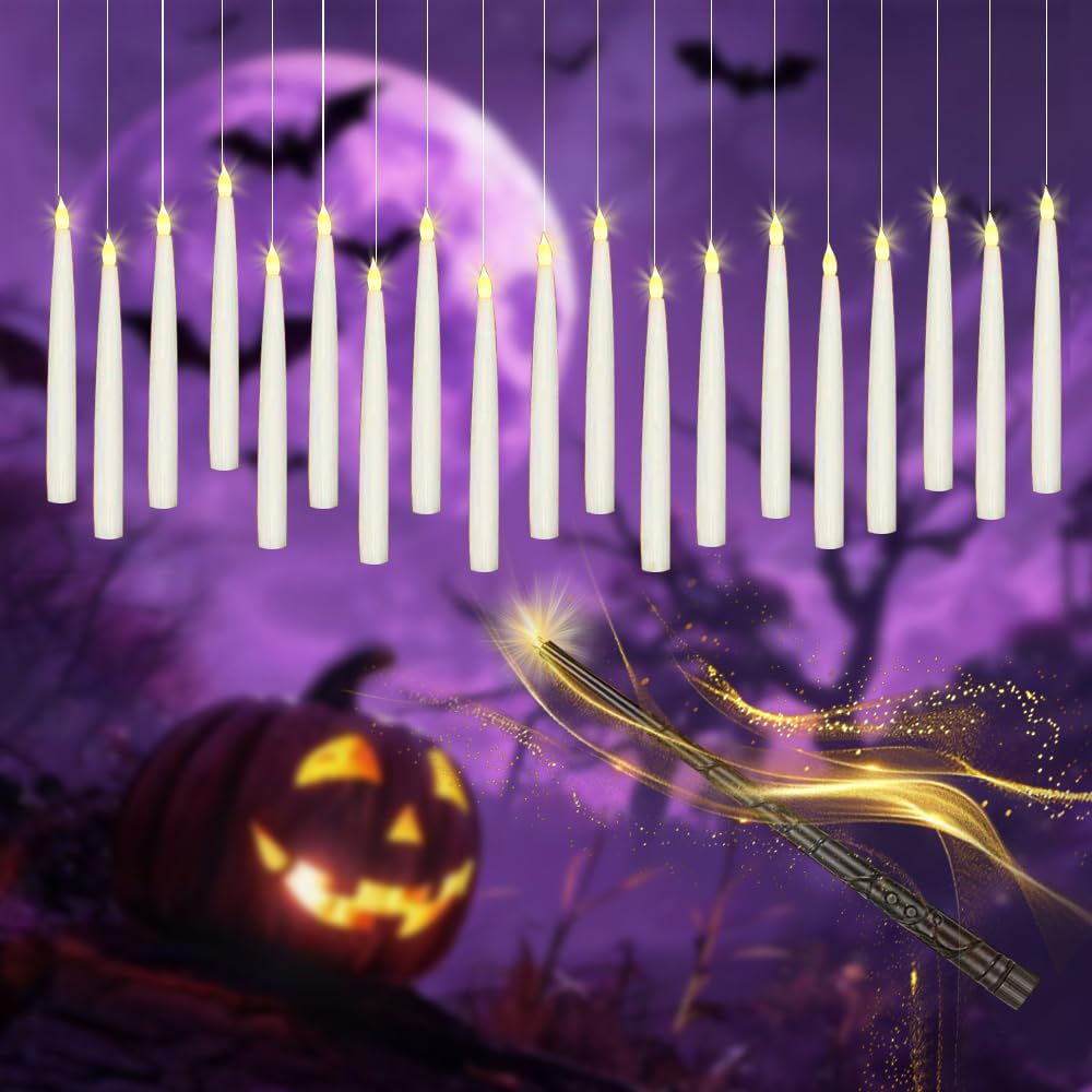 xunhuimemory 12 Pcs Floating Candles with Wand, LED Flickering Warm Light Magic Deco Candle, Flameless Taper Candles Battery Operated for Halloween Party Decor with Wand Remote Candle Wand Remote