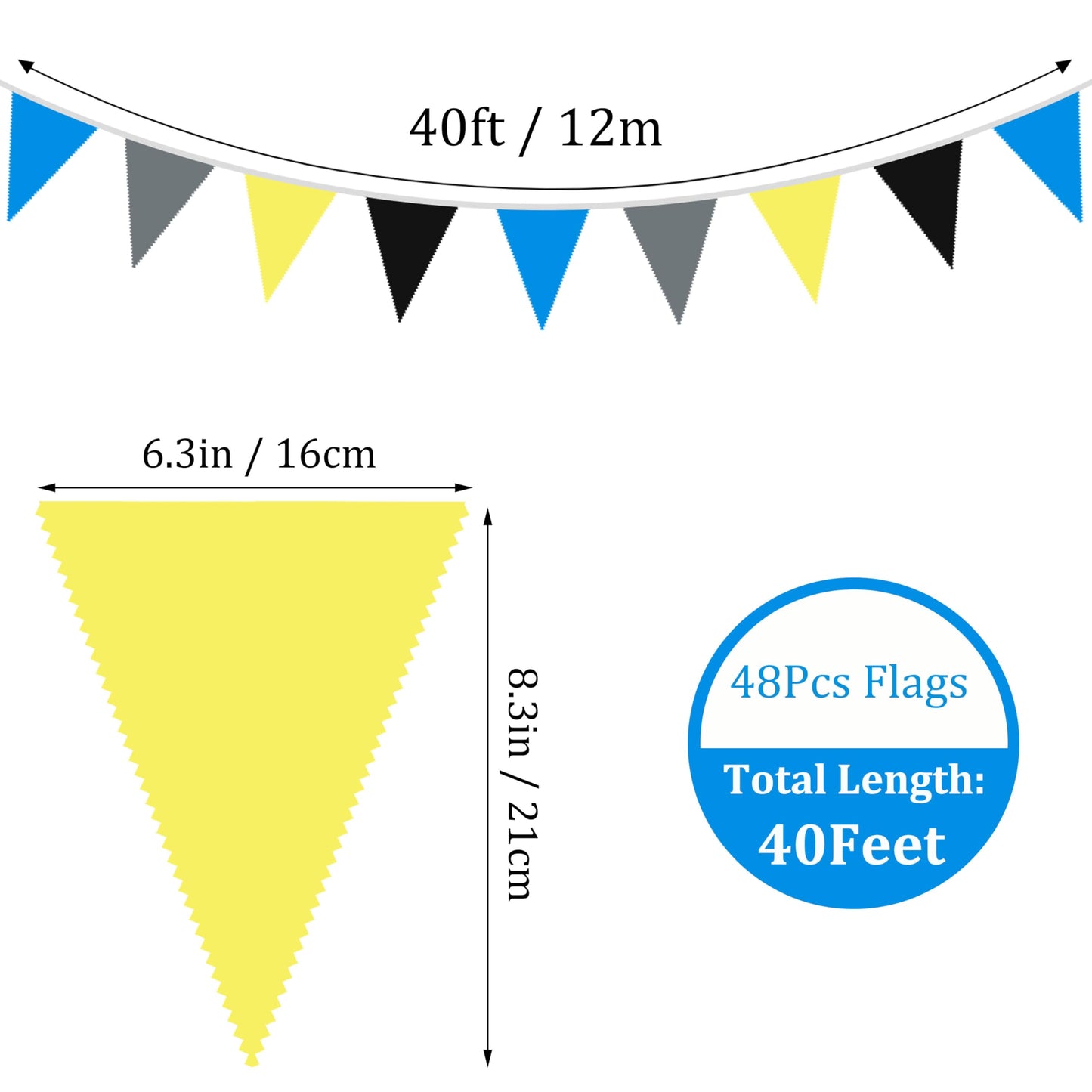40Ft Yellow Blue Black Grey Fabric Bunting Banner Pennant Hanging Party Decorations Cotton Triangle Flag Garland for Boys Cartoon Police Super Spider Bat Space Game Theme Birthday Baby Shower Decor