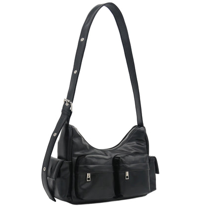 FashionPuzzle Glossy PU Leather Multi Pocket Shoulder Bag Hobo (Black)