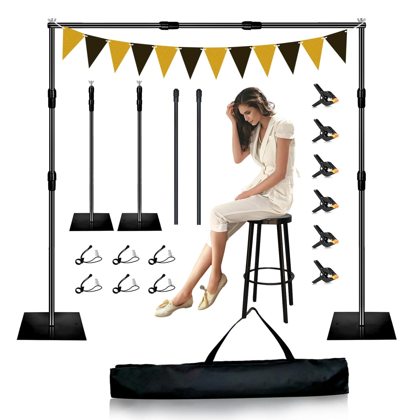 Backdrop Stand, 8x10ft Metal Base Photo Studio Support System, Adjustable Backdrop Frame for Photography, Streaming, Wedding, Projector Screen, Tool Free Setup & Portable Carry Bag