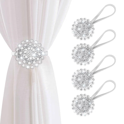 AULEEP Magnetic Curtain Tiebacks, 4 Pack Magnetic Crystal Decorative Drapes Curtain Clips Buckle, Flower Curtain Tie Back, European and American Style (Silver)