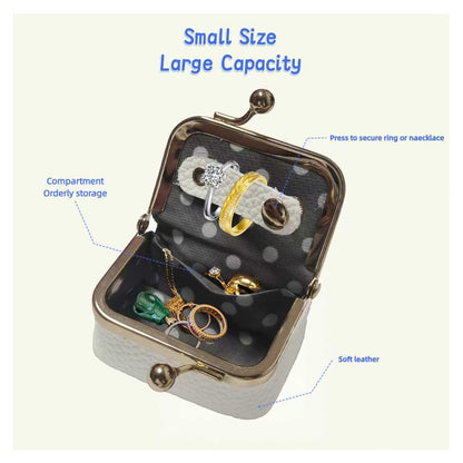 WGO&MJC Genuine Leather Mini Travel Jewelry Box - with Kiss Lock & Coin Purse - for Necklace, Ring, Earrings, Bracelet - Includes Velvet Pouch - Great Gift for Women & Girls (White)