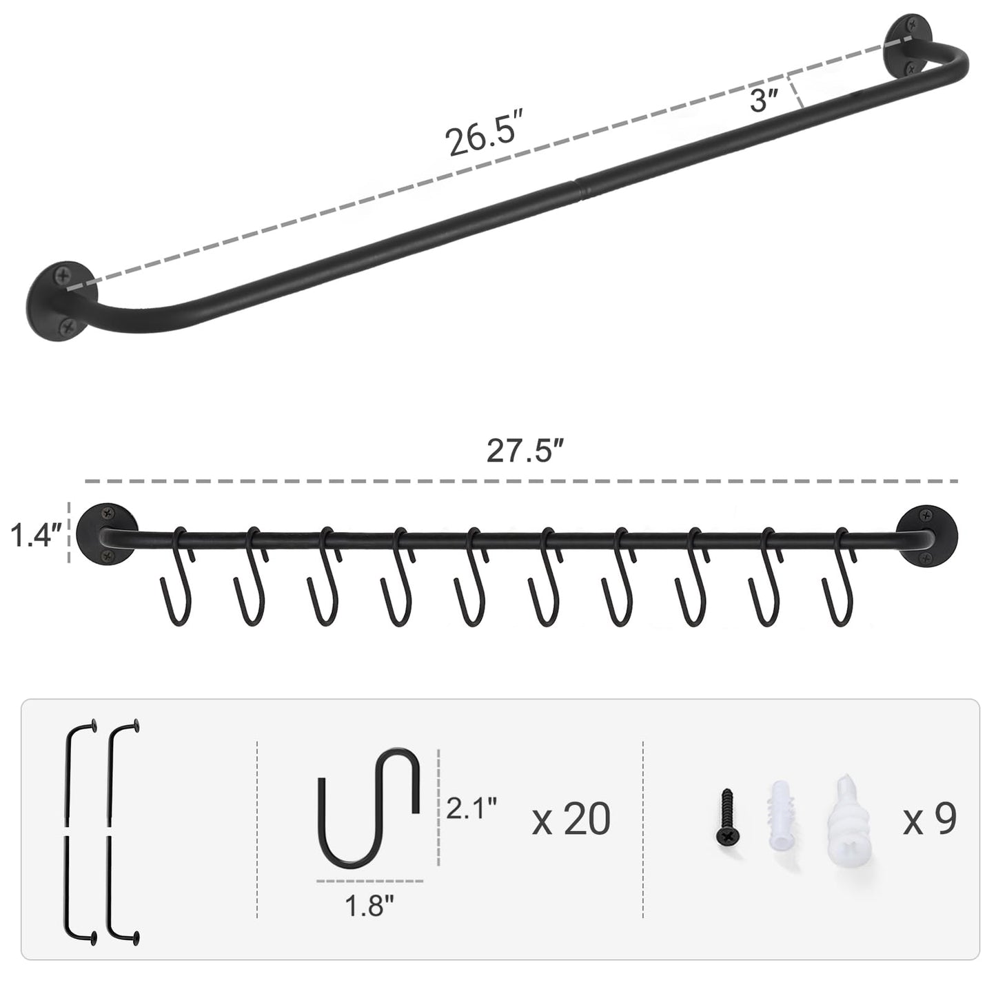 Mkono Mug Holder Wall Mounted Coffee Cup Rack Hanger Modern Metal with 20 Mug Hooks Rustic Utensil Tea Cups Storage Organizer for Kitchen Dining Room Coffee Bar, Set of 2, Black