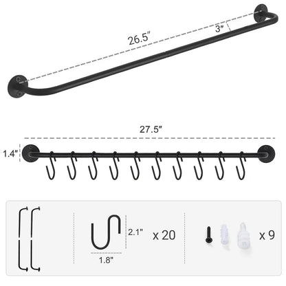 Mkono Mug Holder Wall Mounted Coffee Cup Rack Hanger Modern Metal with 20 Mug Hooks Rustic Utensil Tea Cups Storage Organizer for Kitchen Dining Room Coffee Bar, Set of 2, Black