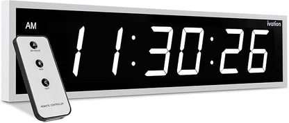 Ivation Oversized Large Digital Wall Clock - Big LED Digital Clock w/Large Display & Durable Aluminum Frame Shelf or Wall Mount (24 Inch - White) 6 Brightness Levels | Time Memory | Remote
