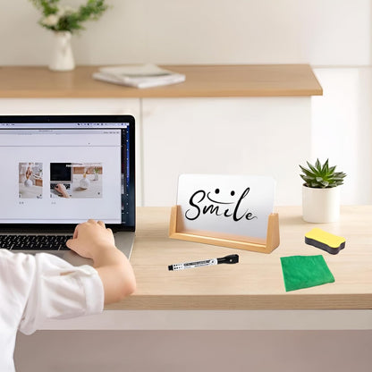 Desktop Glass Whiteboard with Wood Base, 8.46" x5.12" Small Desk Dry Erase Board Mini Whiteboard for Office Home, Accessories Included