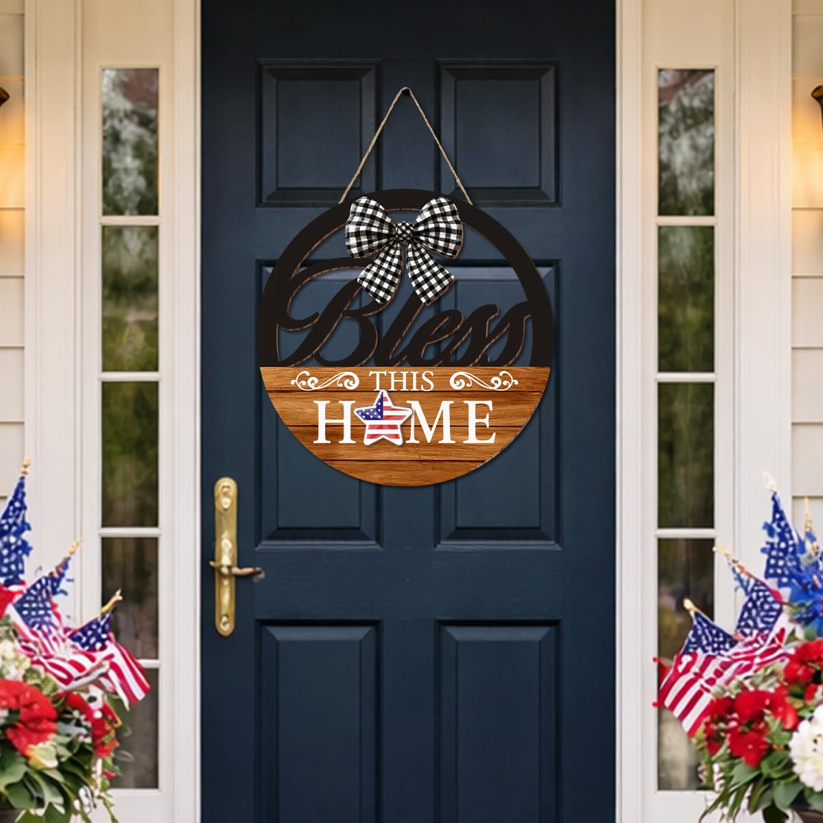 Interchangeable Seasonal Bless This Home Hanging Sign - Farmhouse Front Door Decoration for Spring All Seasons Holidays - Rustic Round Wood Wreaths with 12 Icons(Orange)