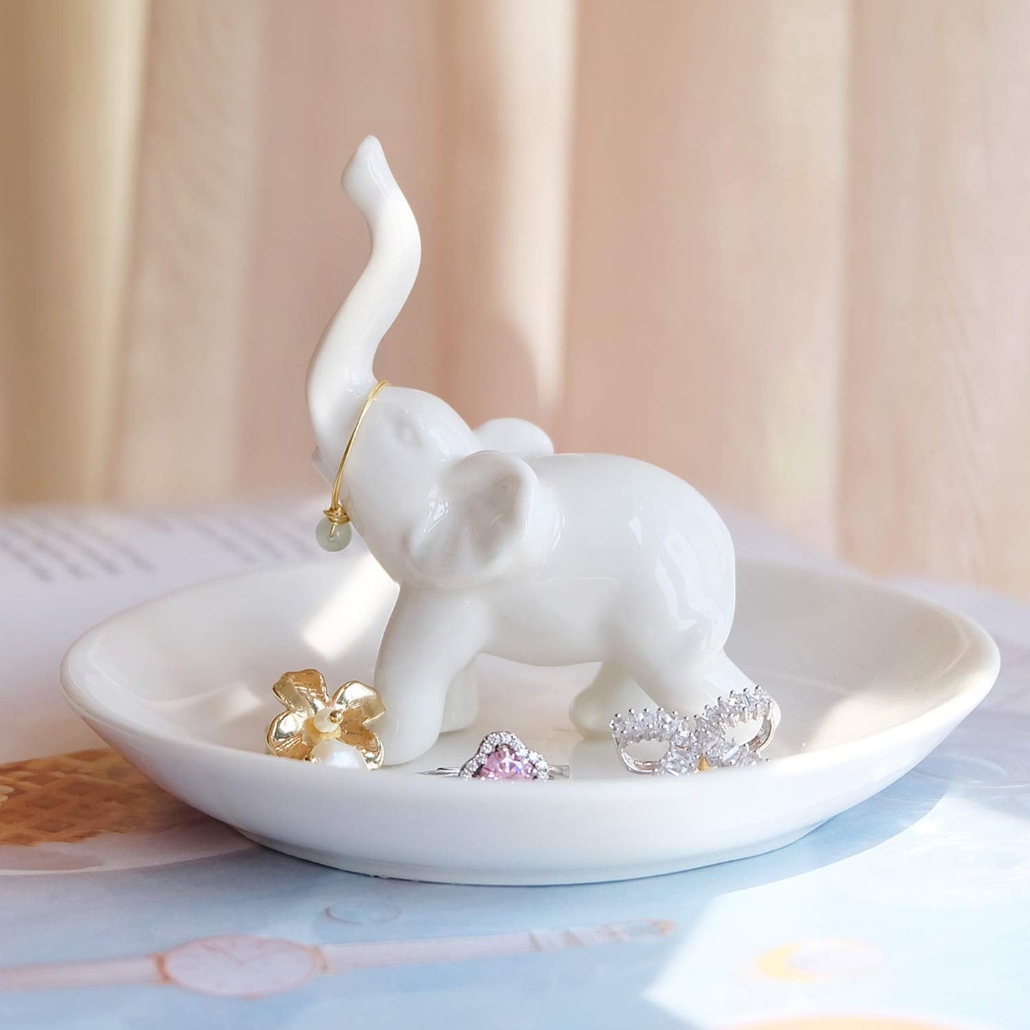 PUDDING CABIN White Elephant Ring Holder Dish Ring Tray for Jewelry | Elephant Gifts for Women Christmas, Birthday, Mother's Day
