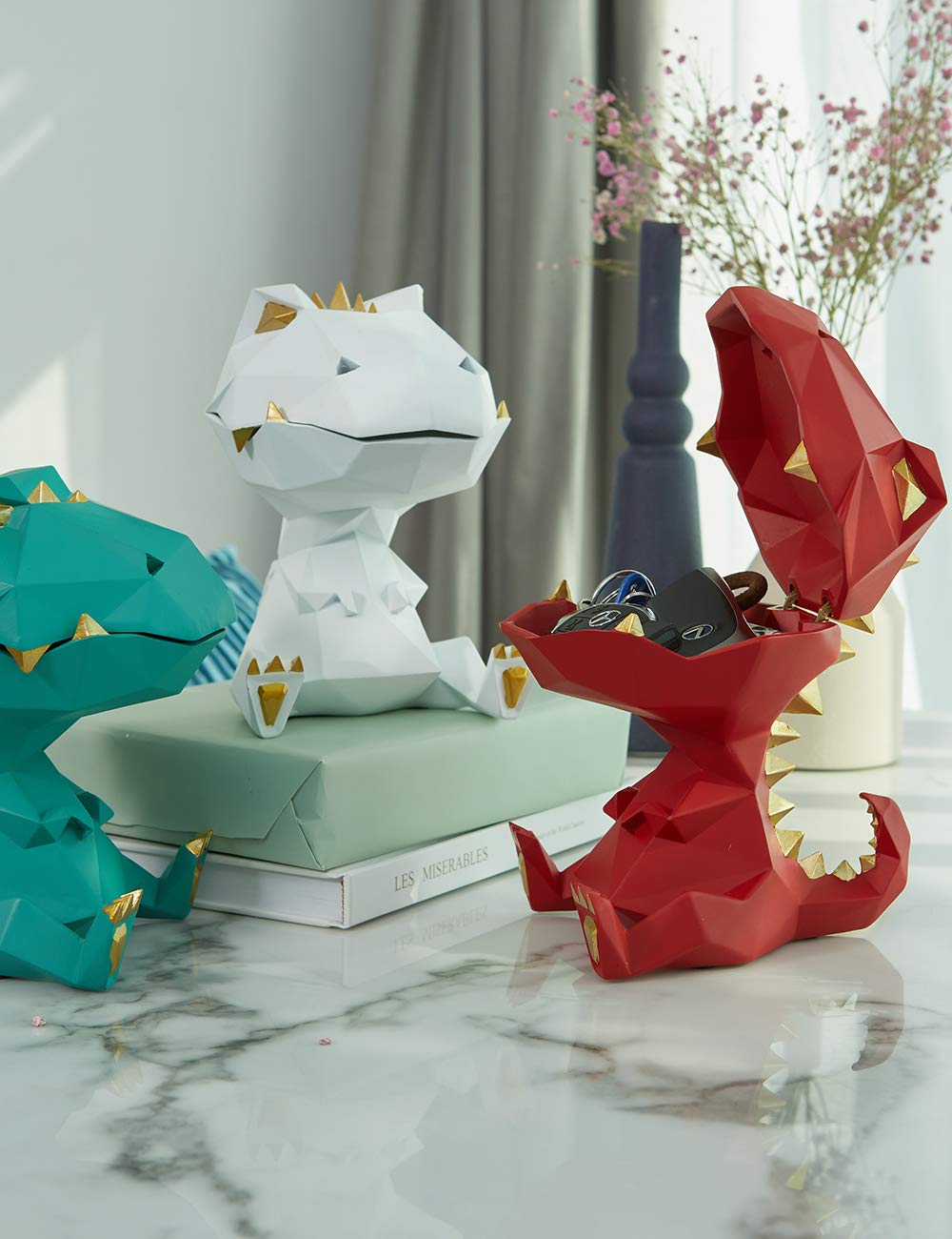 HAUCOZE Dinosaur Candy Dish Cookie Jar Storage Statue Modern Home Decor Sculpture Table Centerpiece Gift for Living Room Green 7.5 Inch