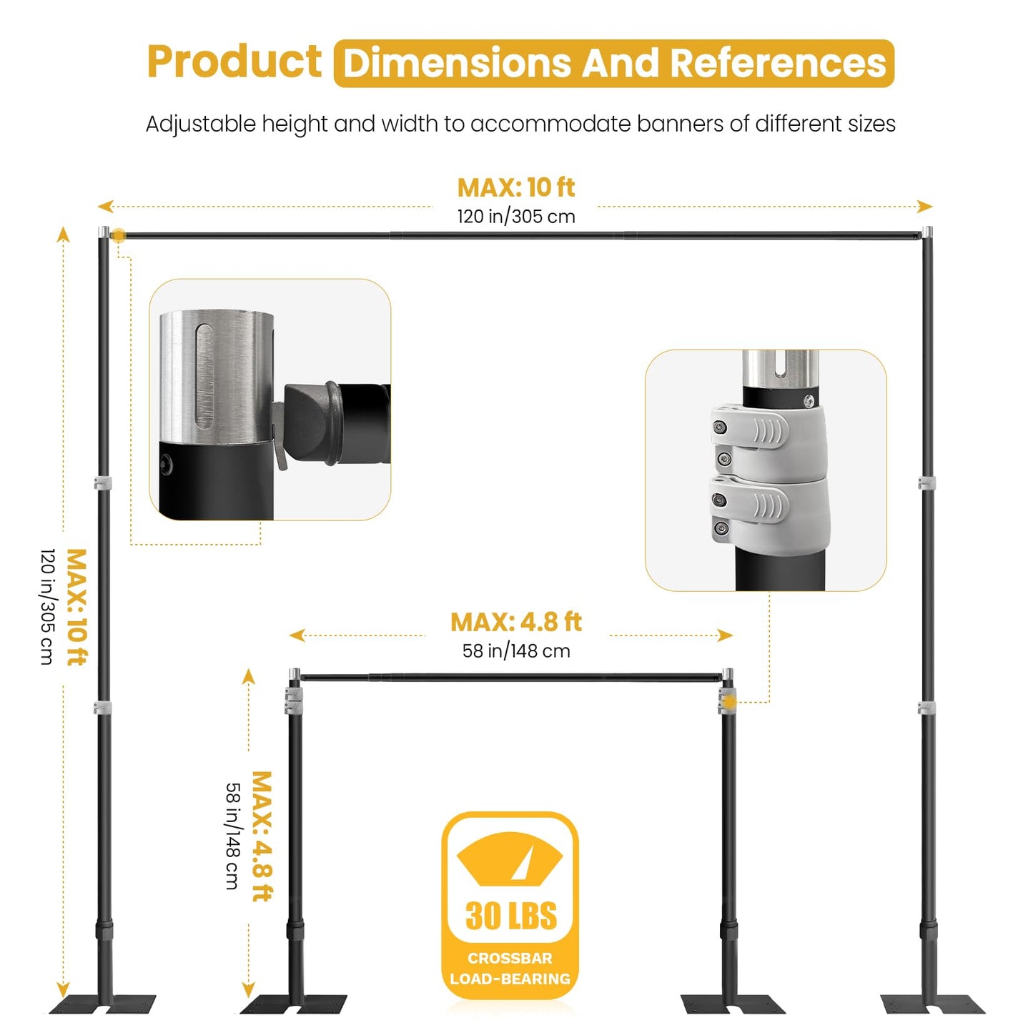 Jiang&Rong 10ft x 10ft Adjustable Backdrop Stand Kit - Heavy Duty Pipe and Drape Stand for Wedding, Birthday Party, Banquet Decorations (Black)