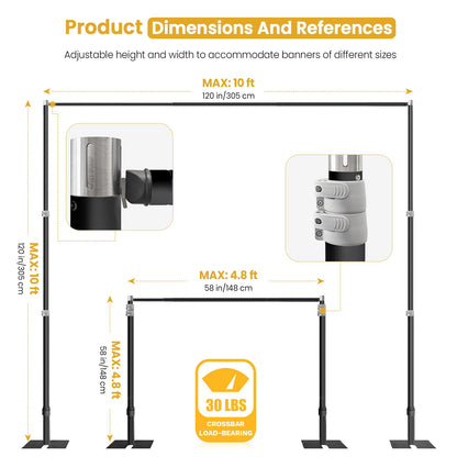 Jiang&Rong 10ft x 10ft Adjustable Backdrop Stand Kit - Heavy Duty Pipe and Drape Stand for Wedding, Birthday Party, Banquet Decorations (Black)