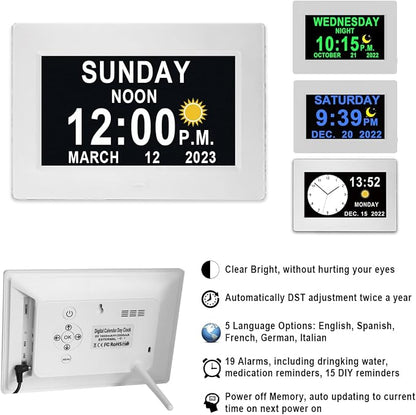 MASSII 27 Alarms Digital Talking Clock with Time Date Announcement, Auto DST, 20 Custom Reminders, 10-Level Dimmer, Sleep Trainer, Large Day Calendar Clock for Elderly Dementia Alzheimers -with Remote