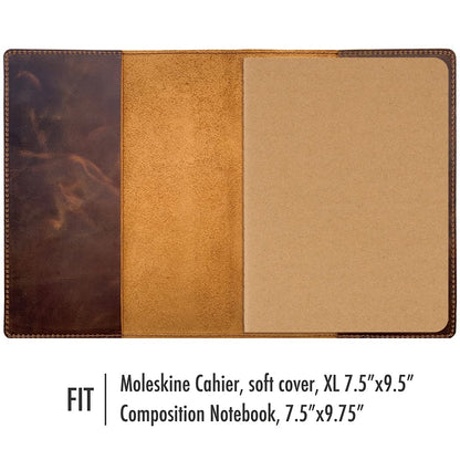 Fan&Ran Leather Journal Cover for Moleskine XL and 7.5"x9.75" Composition Notebooks, Bourbon Brown 8.25"x10.5"