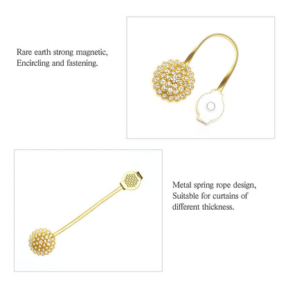 Mightree Magnetic Curtain Tiebacks,Magnet Curtain Clips with Stretchy Metal Rope for Home Office,Outdoor Decor Curtain Holdbacks,2 Pack Drape Holdbacks,Gold Diamond Flower