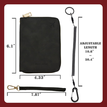 Passport Holder with Tether and Carabiner to Prevent Loss and Theft, Rfid Passport Holder for Travel, Passport Cover, Wallet & Case for Men and Women (Black -Tether and Carabiner)