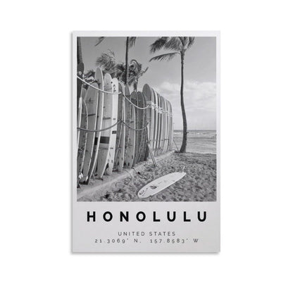 Honolulu Poster Black And White Featuring Surfboards, Palm Trees & Ocean View Canvas Wall Art Aesthetic Decorative Painting Living Room Restaurants, Pool Halls And Hotelsstyle 12x18inch(30x45cm)