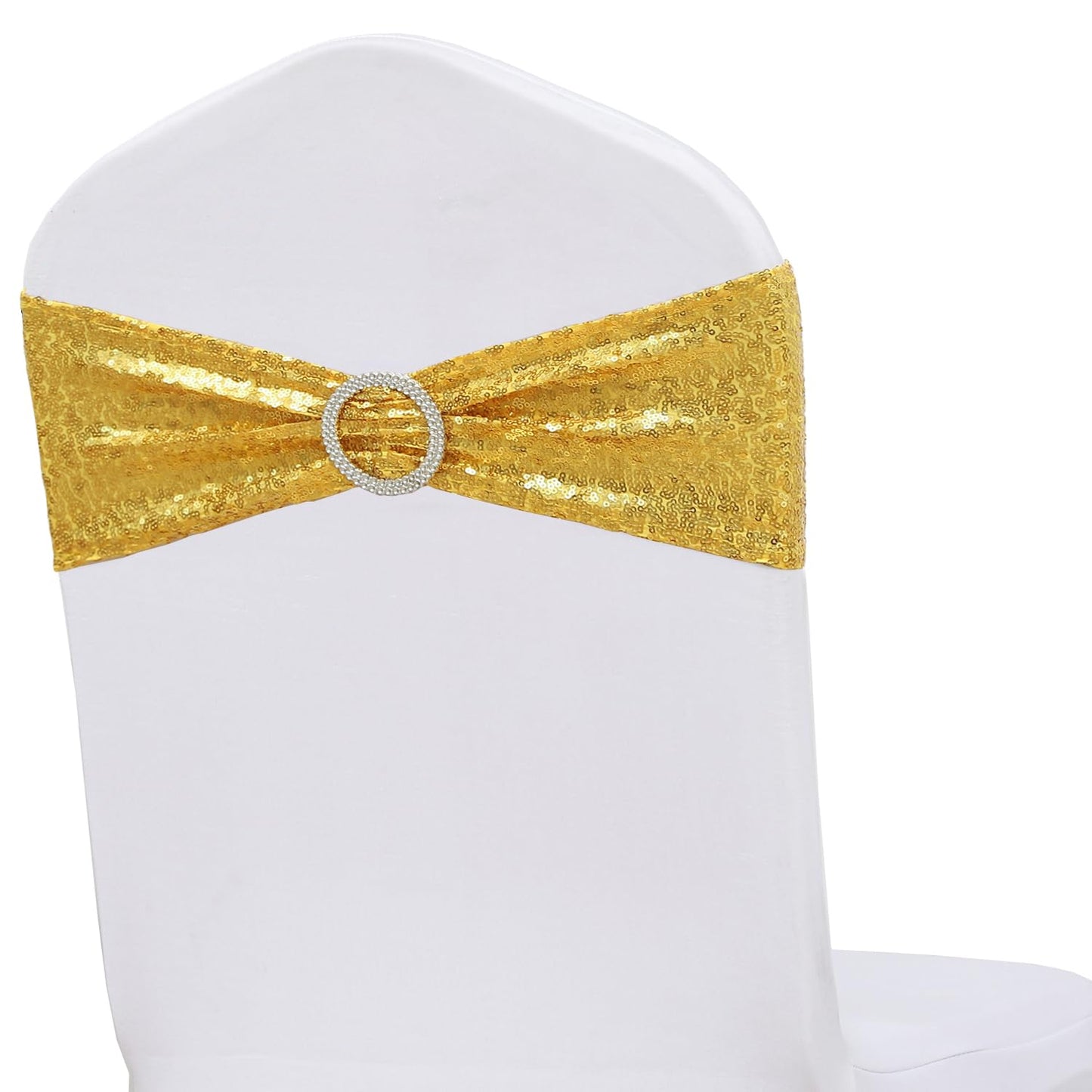 ZSJFMF Full Sparkly Sequins Gold Chair Sashes for Wedding, Shimmering Glitter Chair Bands Bows for Party Ceremony Event Decorations - 50 Pack