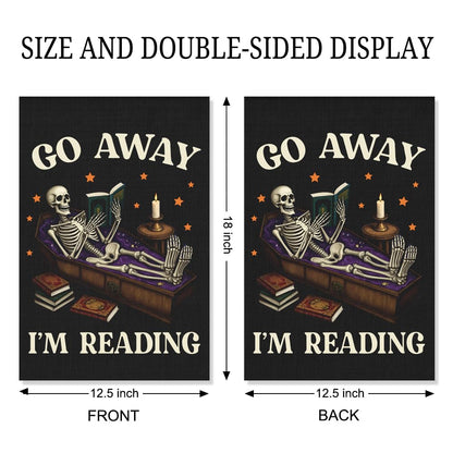 Xipromi Go Away I'm Reading Garden Flag, Funny Skeleton Spooky Halloween Flags for Outside, Porch Outdoor Fall Yard Decor for Book Lovers, Reading Gifts Librarian Gifts for Friend