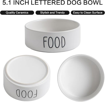 Ceramic Dog Bowls Set of 2 - Weighted Dog Dishes with Food & Water Lettering for Cats and Small Dogs, Food Grade Pet Bowl, Dishwasher & Microwave Safe (5.1 inch, 2 * 16oz, White)