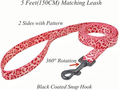 Dog Collar Leash Set, Leopard Pattern, Polyester Material, Adjustable Collar and 5ft Matching Leash, for Large Dogs.(L, Pink Leopard)