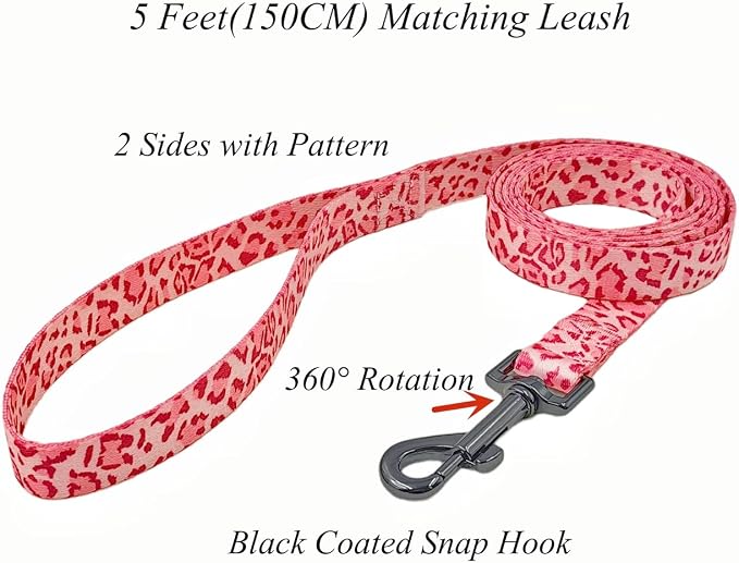 Dog Collar Leash Set, Leopard Pattern, Polyester Material, Adjustable Collar and 5ft Matching Leash, for Medium Dogs.(M, Pink Leopard)
