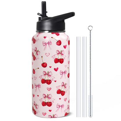 32oz Pink Cherry Insulated Aater Water Bottle with Straw Gym Hiking Sports Coffee Mug Cup Water Bottles,Cherry Gifts for Wome Decor Stuff Accessories