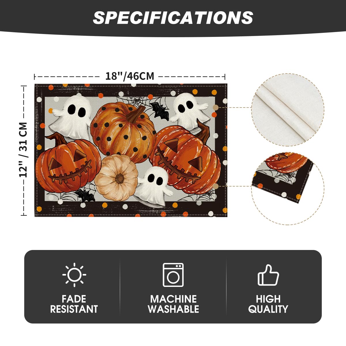 Artoid Mode Ghost Pumpkins Halloween Placemats Set of 4, 12x18 Inch Stripes Seasonal Table Mats for Party Kitchen Dining Decoration
