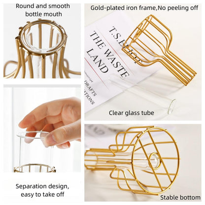 Ivymei 2 Pack Table Flower Vase,Gold Geometric Metal Frame Clear Glass Tube Bud Vase Hydroponic Plants,Gold Vase Decorative for Flower,Weddings,Centerpiece,Party,Home(Gold 8)