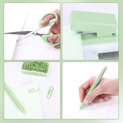 Humyoun Mini Green Office Supplies Kit Green School Supplies Christmas Gift Desk Accessories with Gel Pens Sticky Notes Stapler Scissor Paper Clips Index Tabs Box Cutter for Christmas Gifts Office