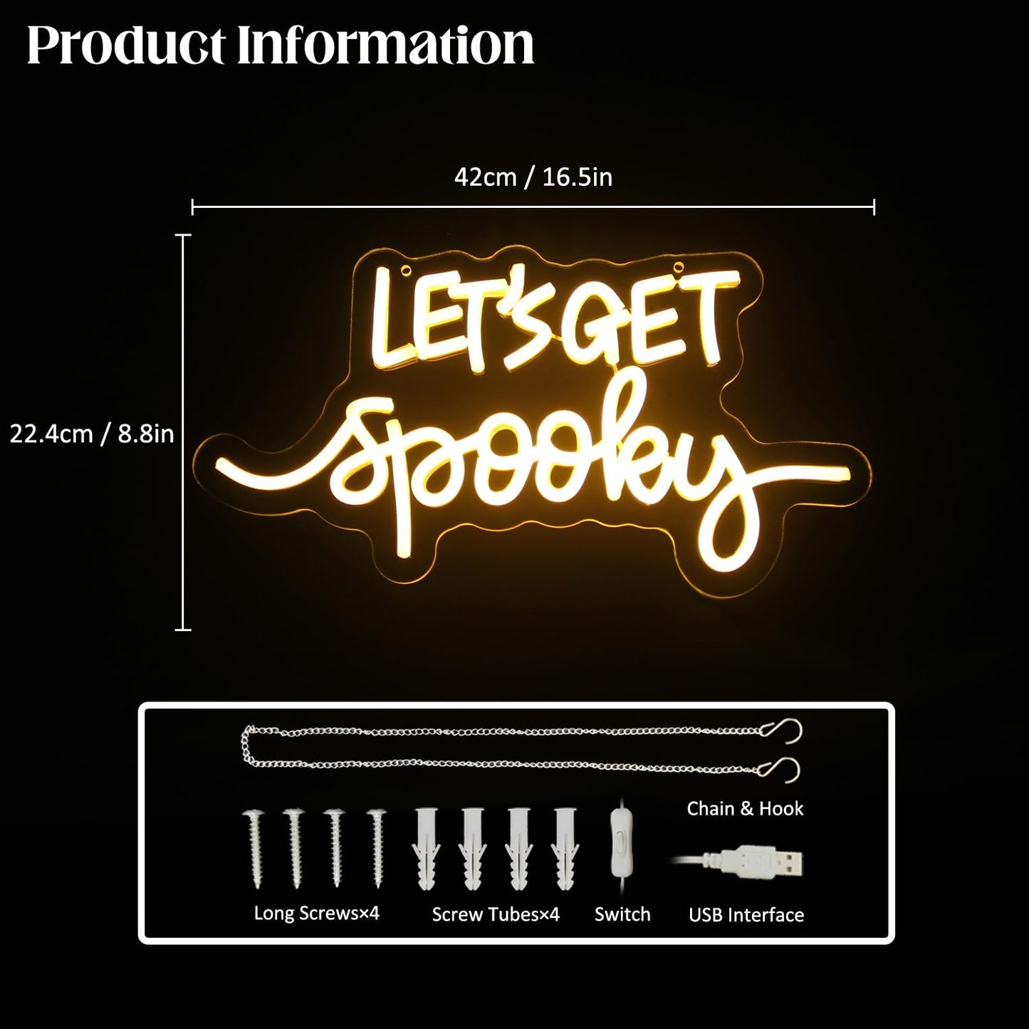 Let's Get Spooky Neon Signs Halloween Neon Sign Yellow Letter LED Neon Light Signs Spooky Neon Wall Sign Quote LED Sign Neon Lights for Wall Bedroom Bar Man Cave Party Halloween Room Decor