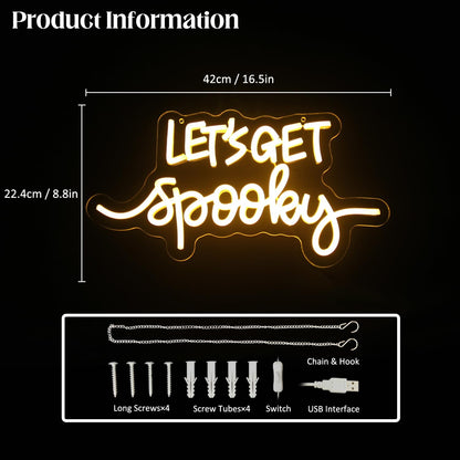 Let's Get Spooky Neon Signs Halloween Neon Sign Yellow Letter LED Neon Light Signs Spooky Neon Wall Sign Quote LED Sign Neon Lights for Wall Bedroom Bar Man Cave Party Halloween Room Decor