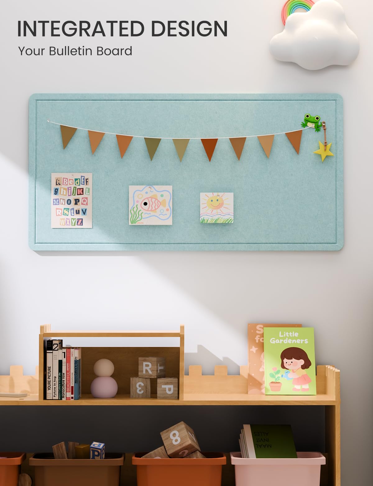 Fluxynara Bulletin Board, 35" x 17.5" Cork Board Alternative with 12 Safe Removable Adhesive Tabs, Foldable Felt Pin Board for Home Office, Classroom, Bedroom,Entryway for Walls—Aqua Blue