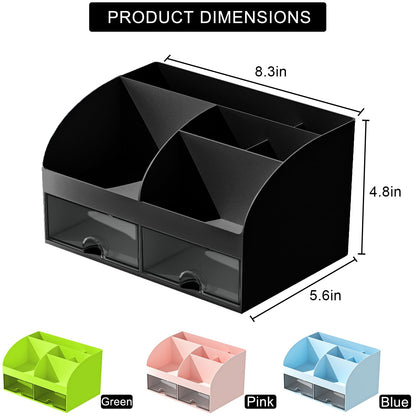 COMFYROOM Desk Organizer with 6 Compartments and 2 Drawers, Plastic Makeup Organizer, Pen Holder for Desktop Storage, Desk Organization for School, Home, Office Supplies (Black)