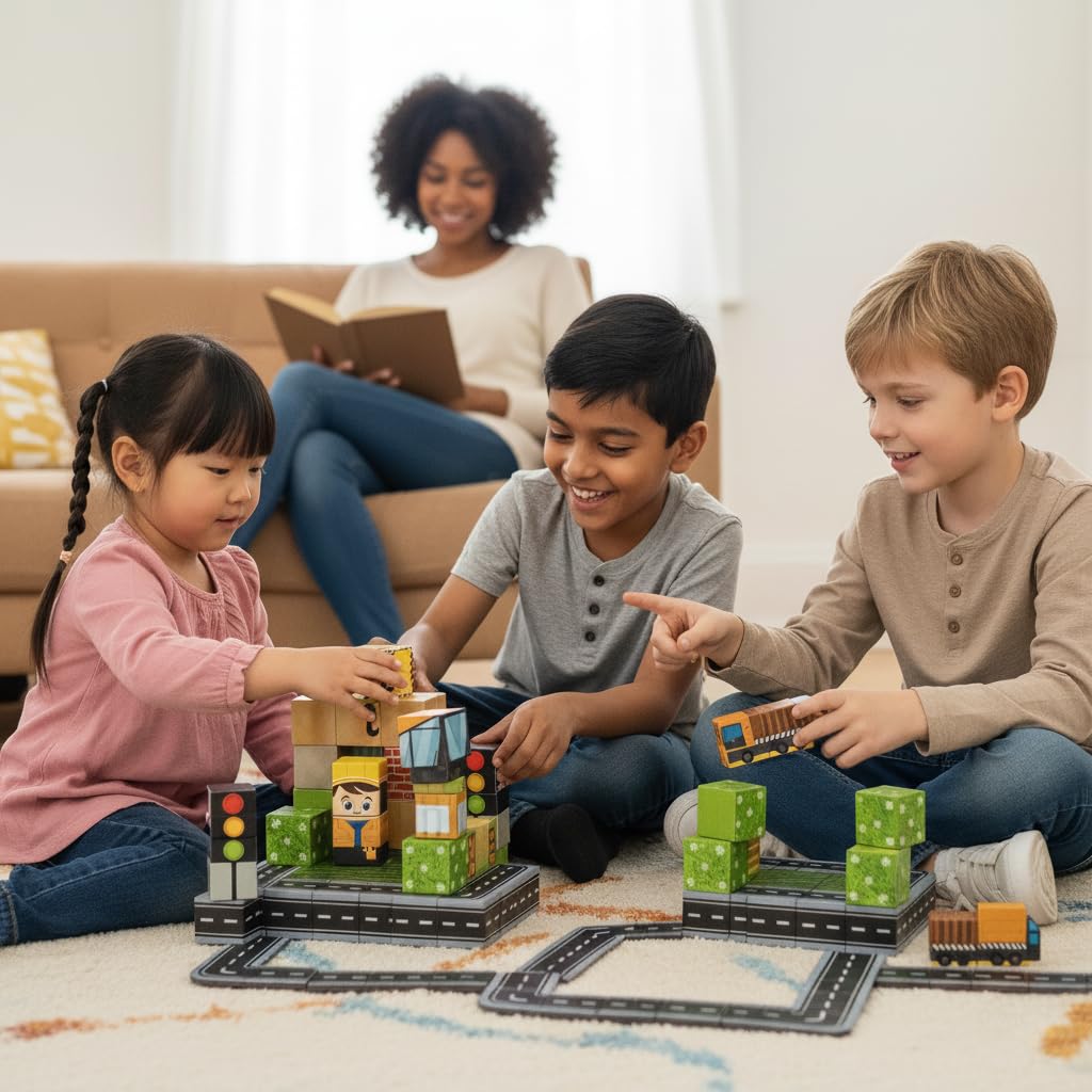uMadeUs Magnetic Blocks for Kids Ages 4-8 – 100 Pc Construction Toys for Kids with Trucks & Cranes – 3D Pixel Cubes, STEM Building Toys for Boys & Girls Ages 3-12